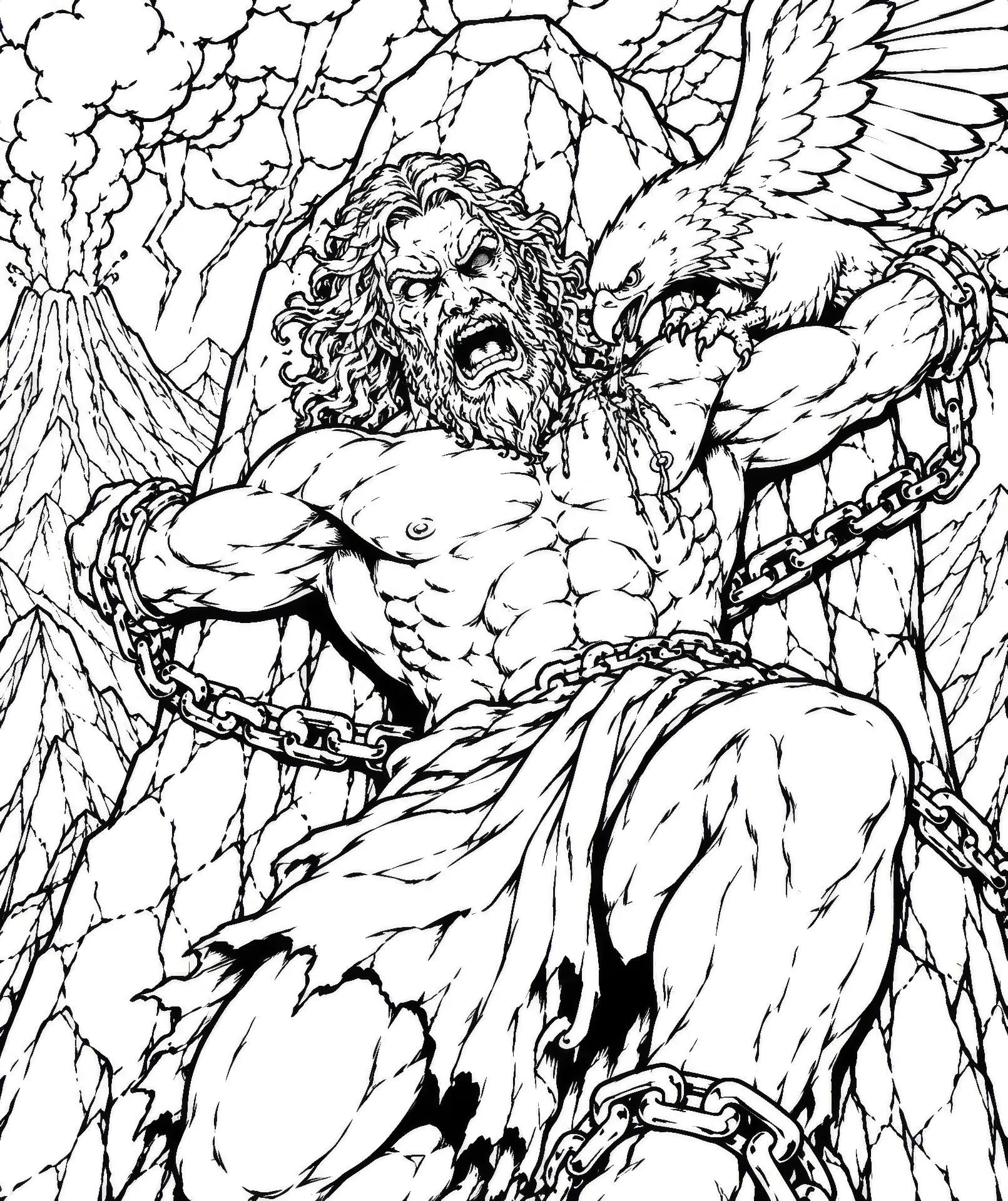 Coloring page of a muscular chained Titan struggling against a rocky mountainside