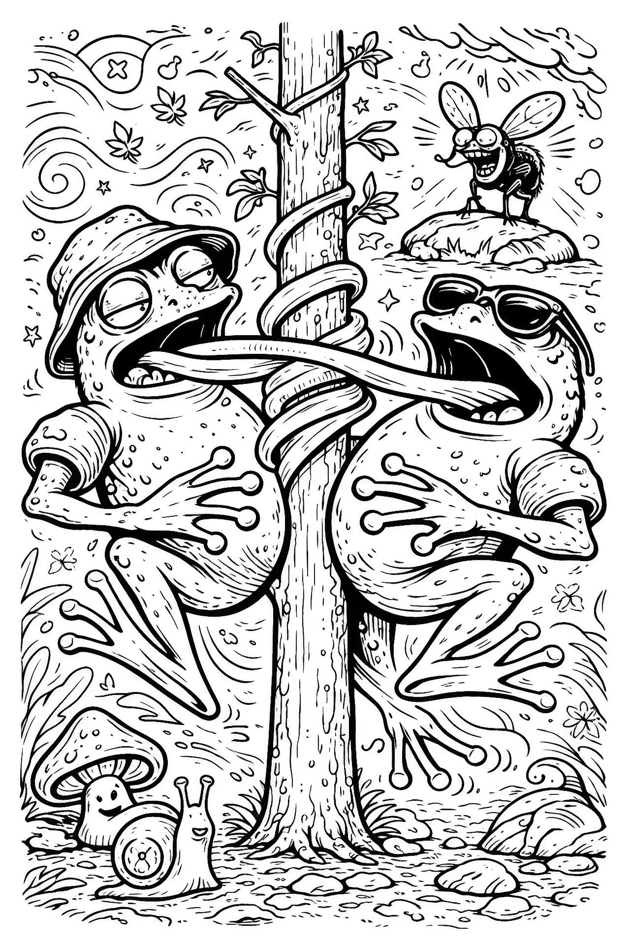 Coloring page of two frogs with their tongues tangled around a tree trunk