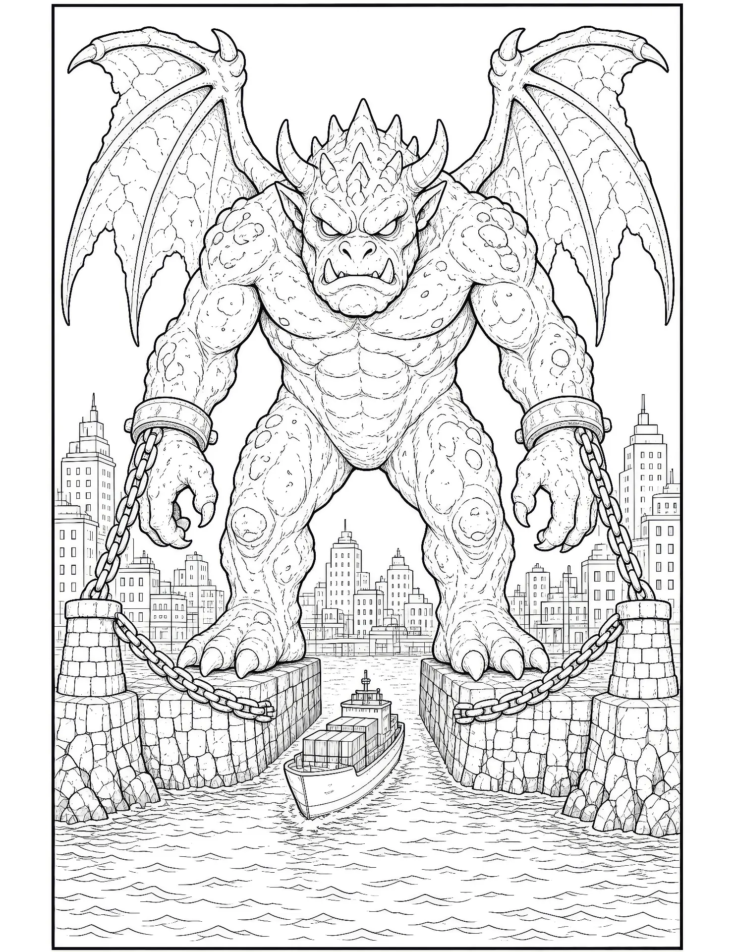 Coloring page of a chained winged kaiju standing in a harbor in front of a city skyline