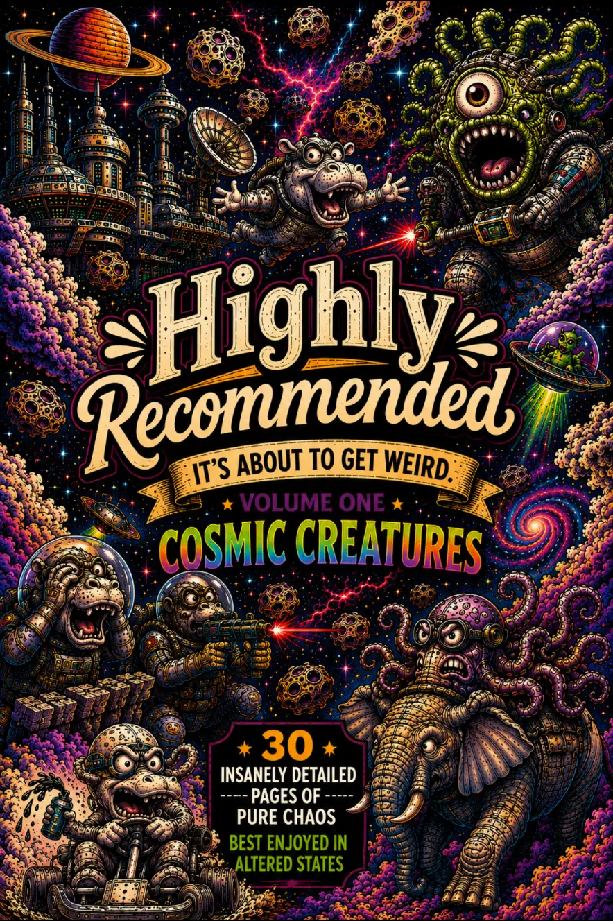 Highly Recommended Volume One: Cosmic Creatures adult coloring book cover with space apes, aliens and a ringed planet