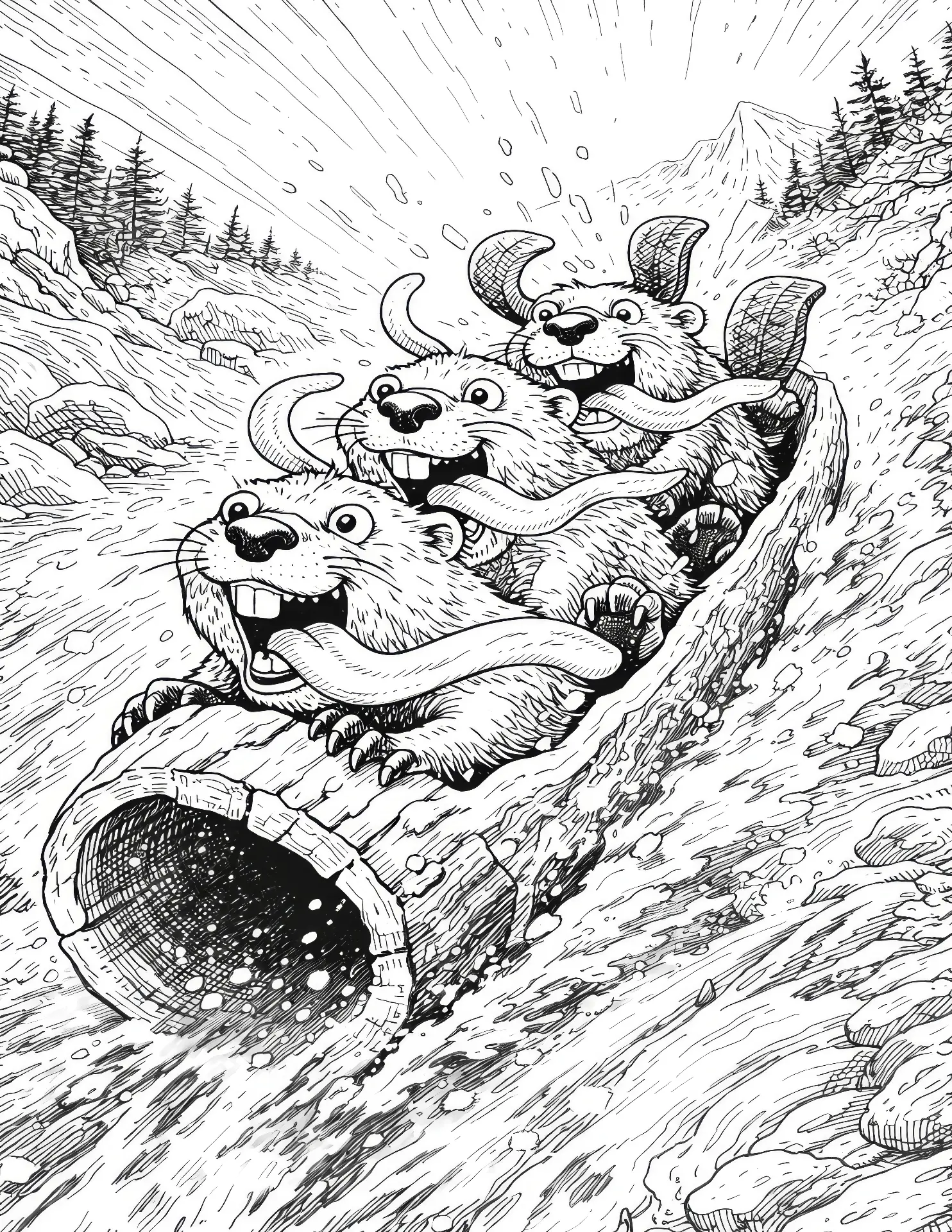 Coloring page of three beavers riding a hollow log down a snowy mountain