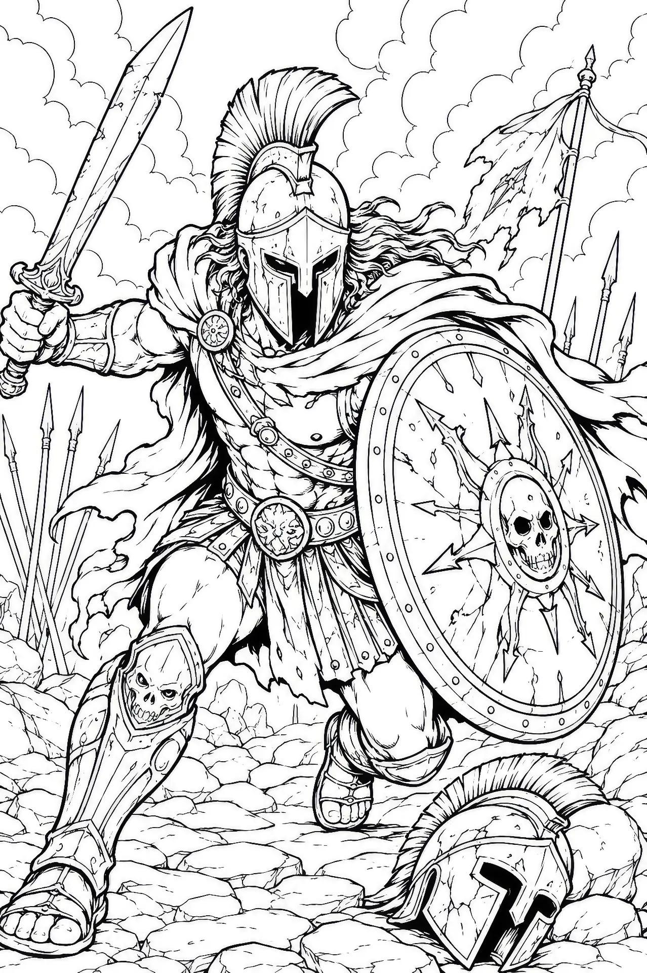 Coloring page of an armored Spartan warrior with sword and shield standing among fallen helmets