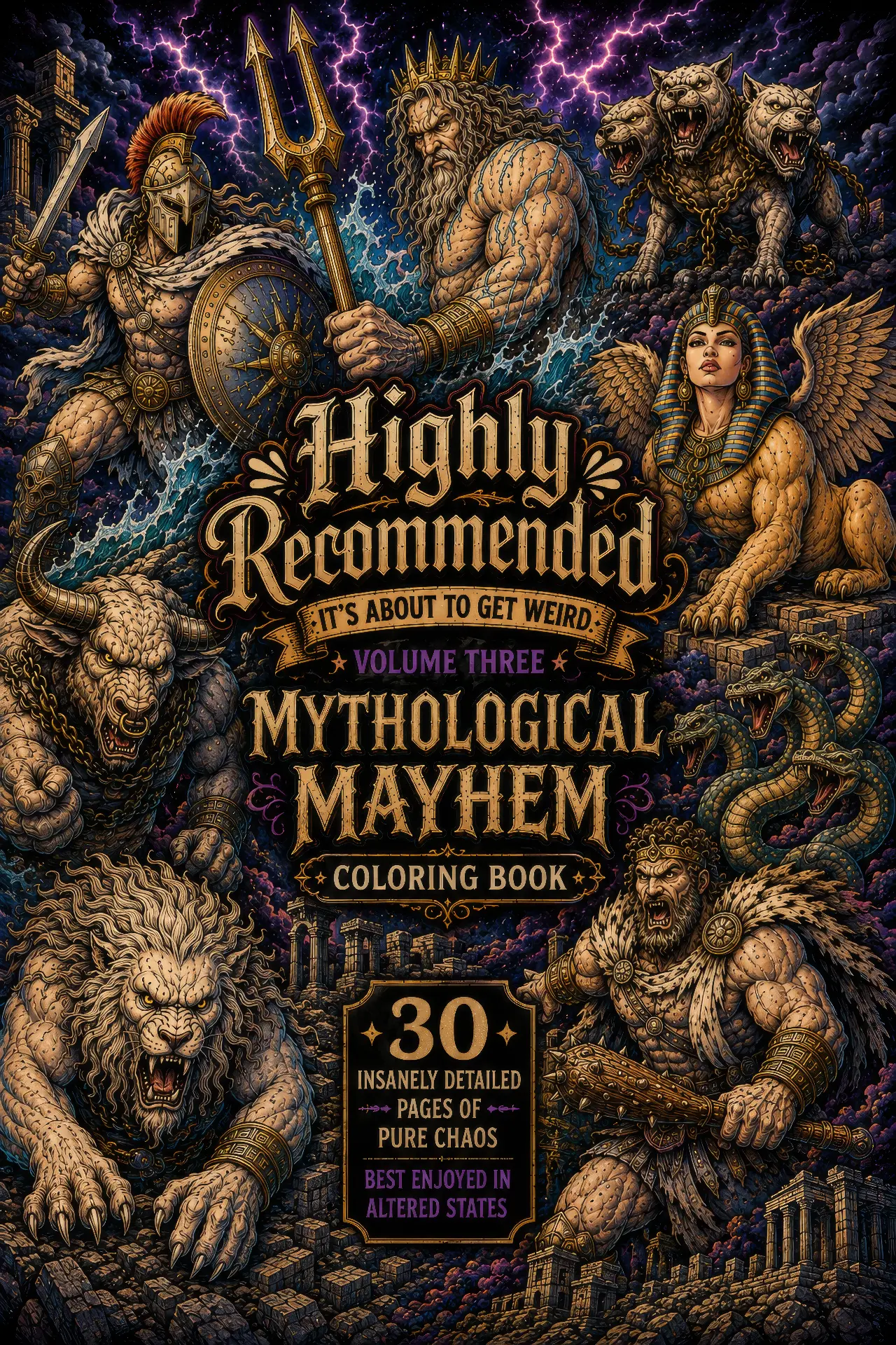 Highly Recommended Volume Three: Mythological Mayhem adult coloring book cover with gods and monsters