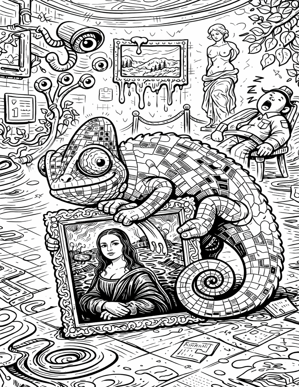 Coloring page of a chameleon stealing the Mona Lisa from a museum while the guard sleeps