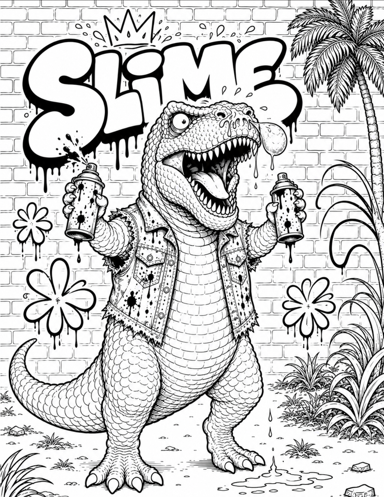 Coloring page of a T-Rex in a denim vest spray painting SLIME graffiti on a brick wall