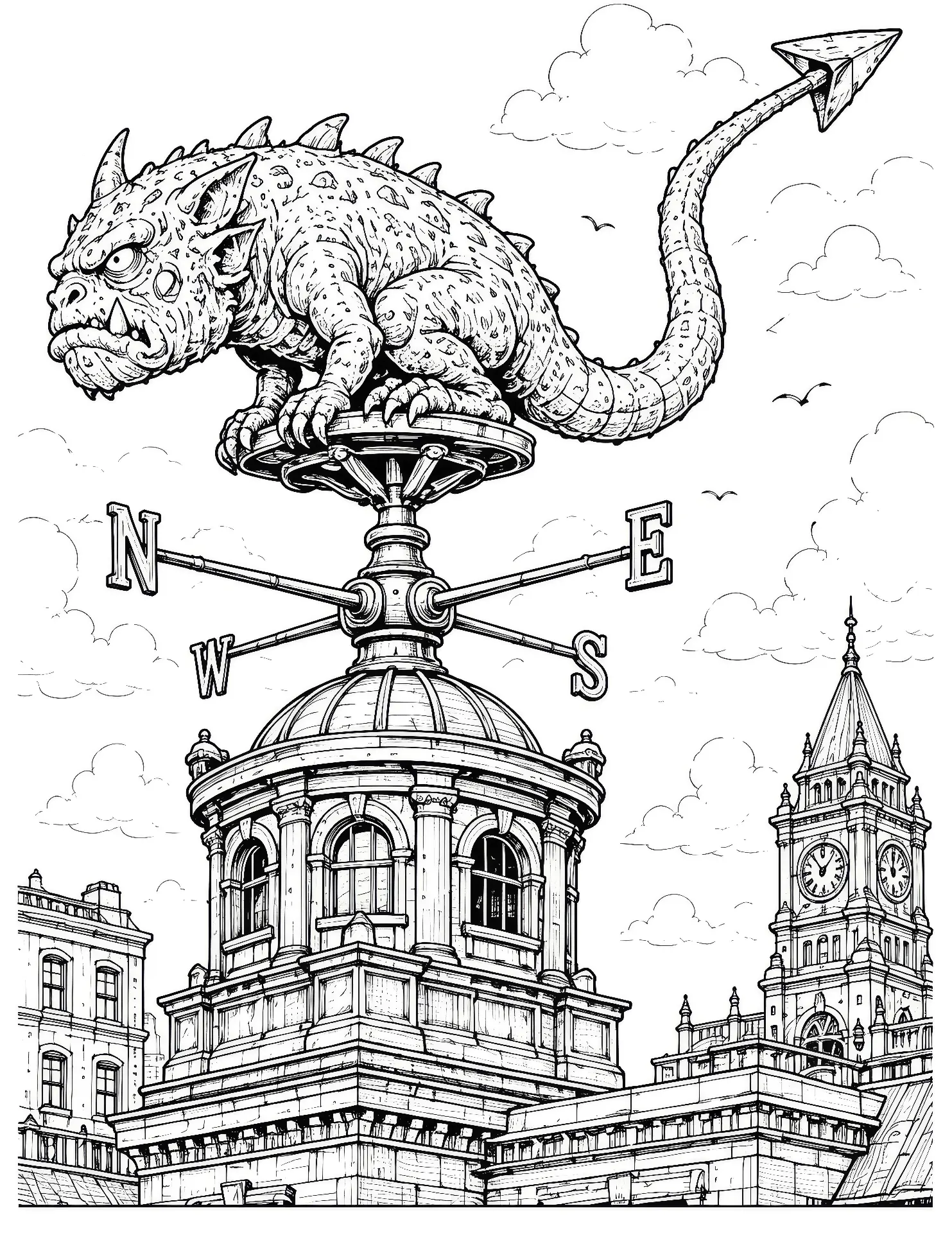 Coloring page of a spiked lizard monster perched on a city hall weathervane