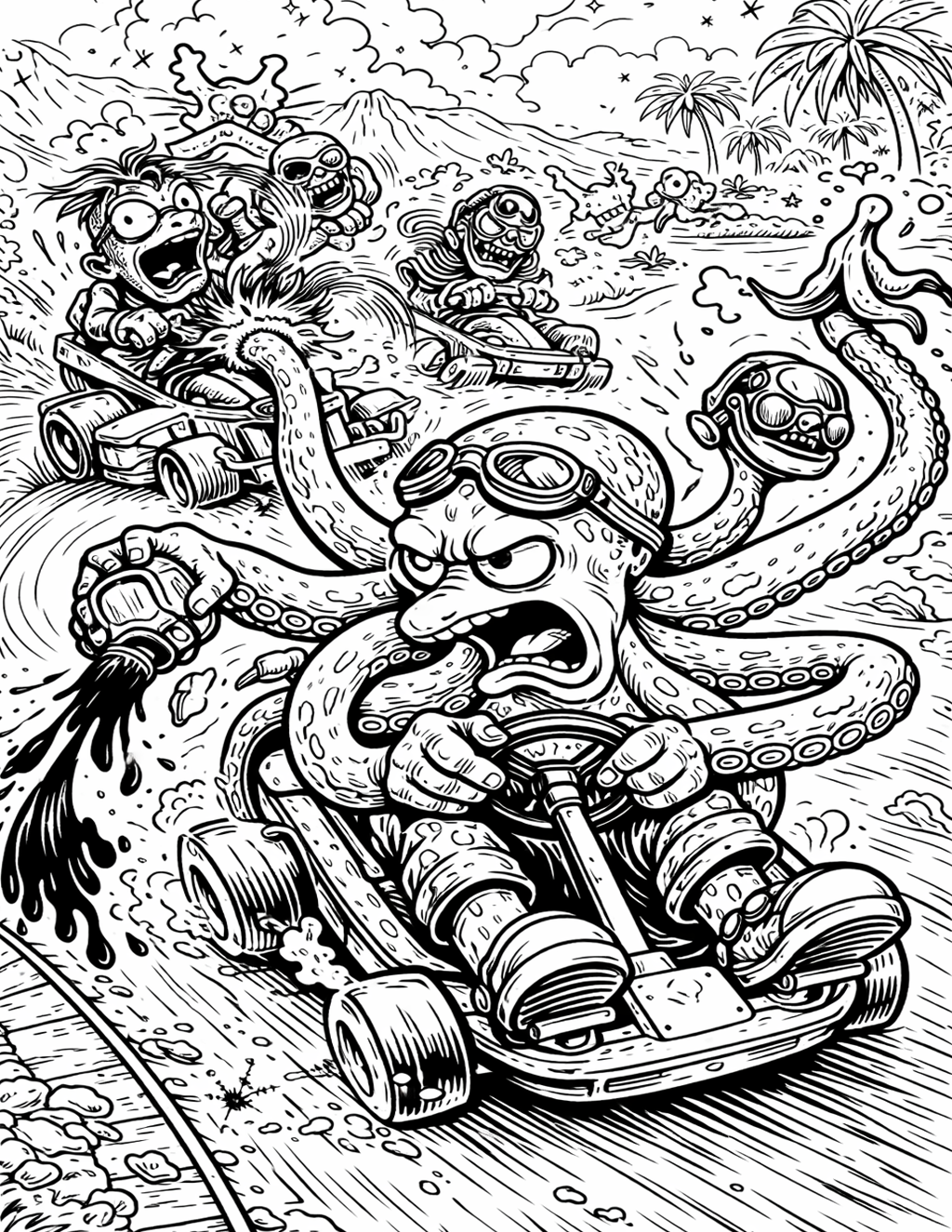 Coloring page of an octopus driving a go-kart while a skeleton rides shotgun and a lizard chases from behind