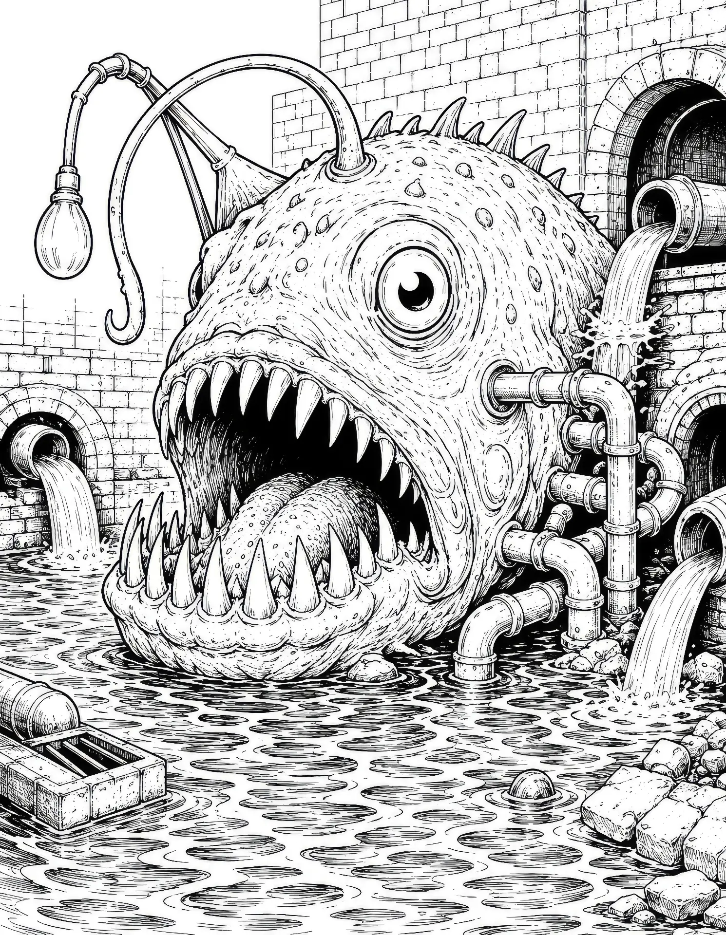 Coloring page of a one-eyed anglerfish monster in a flooded brick sewer