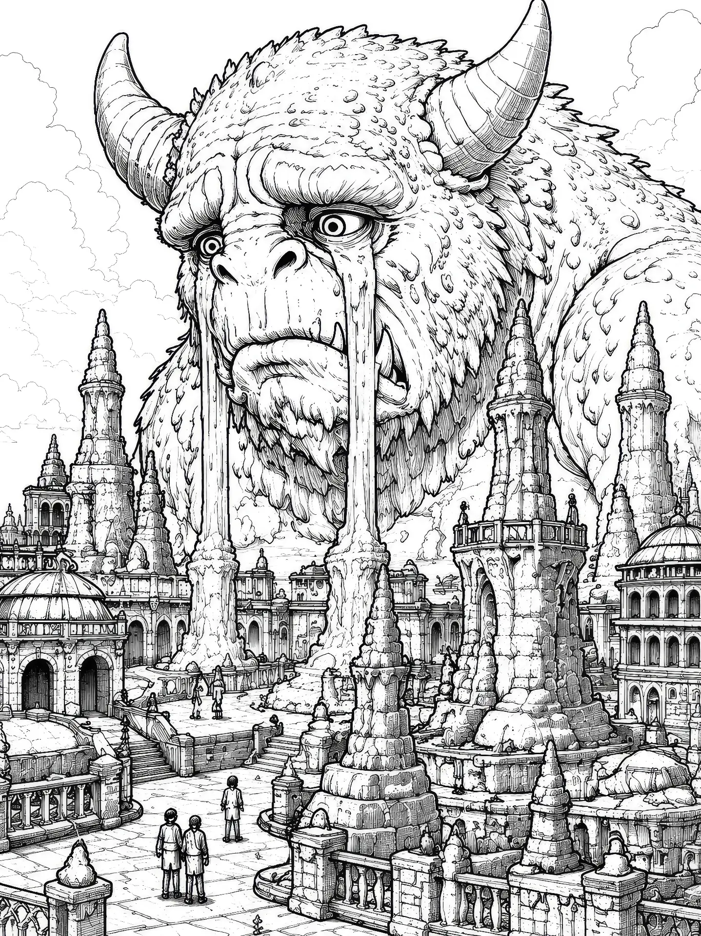 Coloring page of a colossal winged eagle monster looming over an ornate temple city with tiny observers below