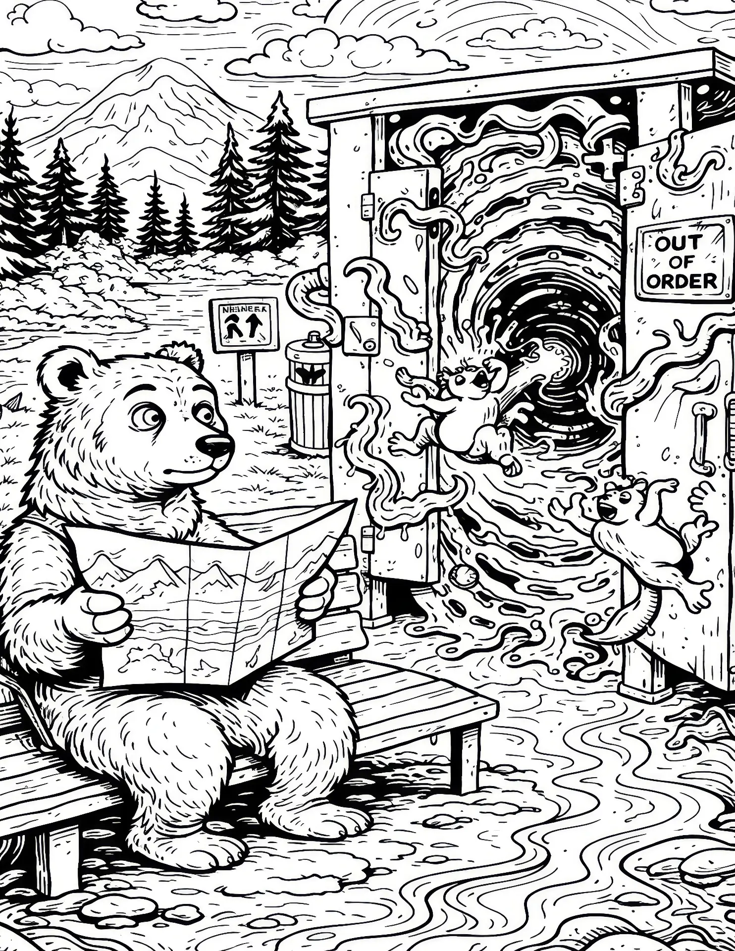 Coloring page of a bear reading a map beside an out-of-order swirling forest portal