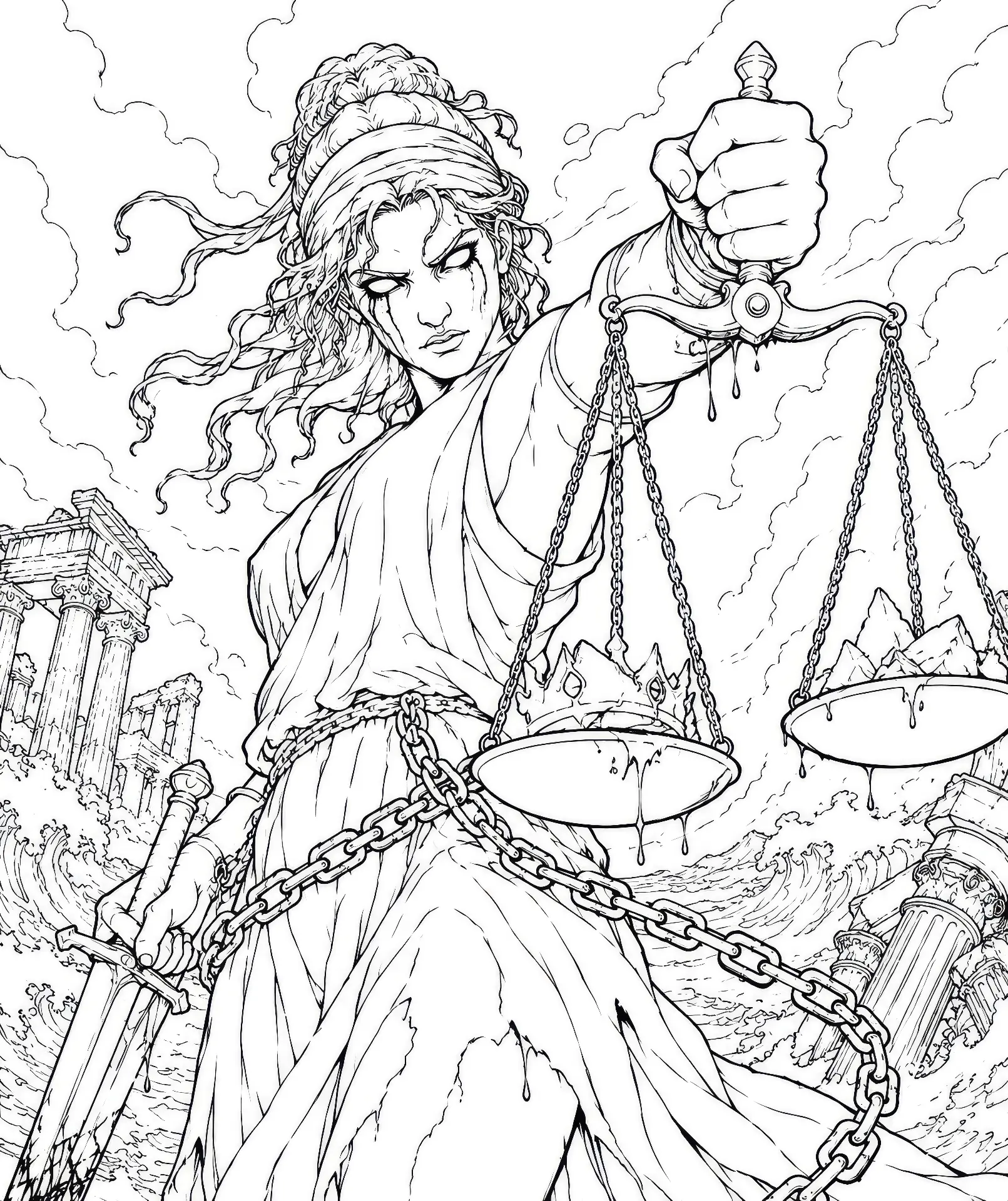 Coloring page of a robed figure holding balanced scales dripping liquid, with crumbling Greek columns