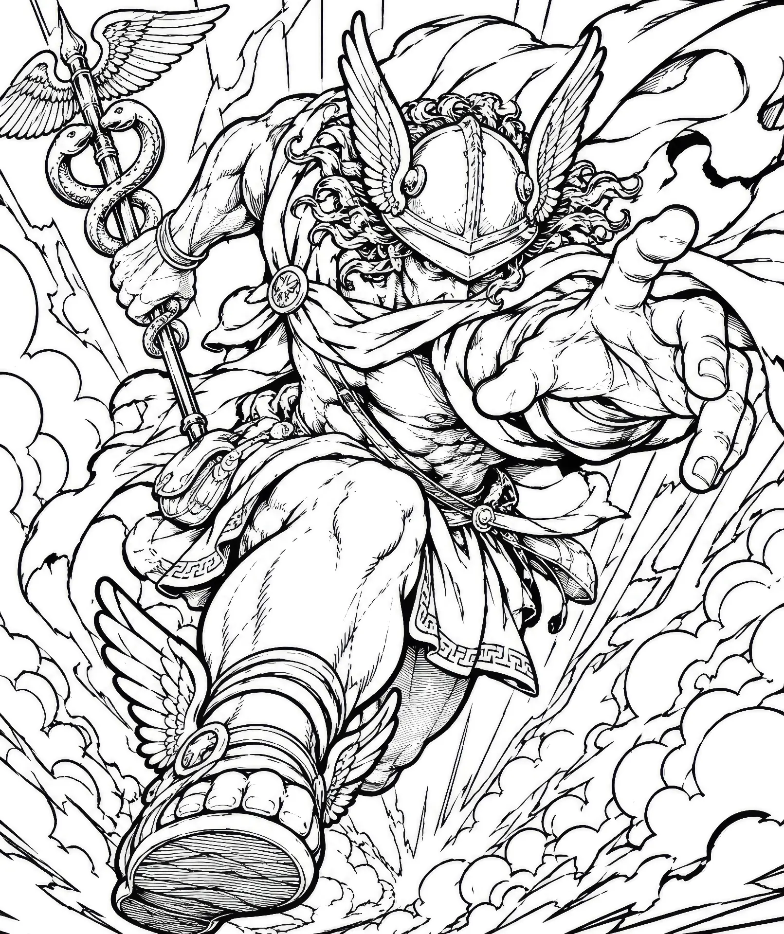 Coloring page of Hermes in a winged helmet diving through clouds with his caduceus
