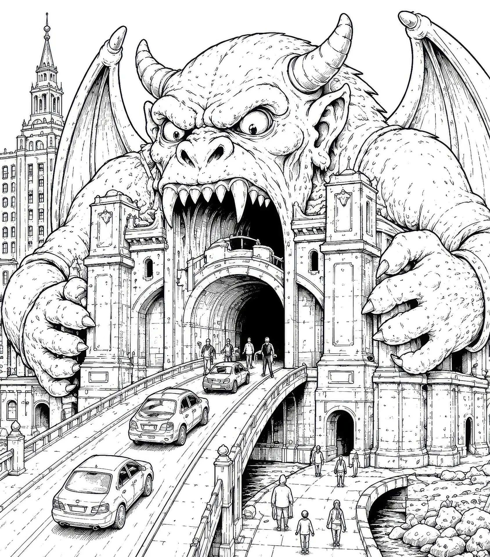 Coloring page of a giant horned beast swallowing a bridge full of cars