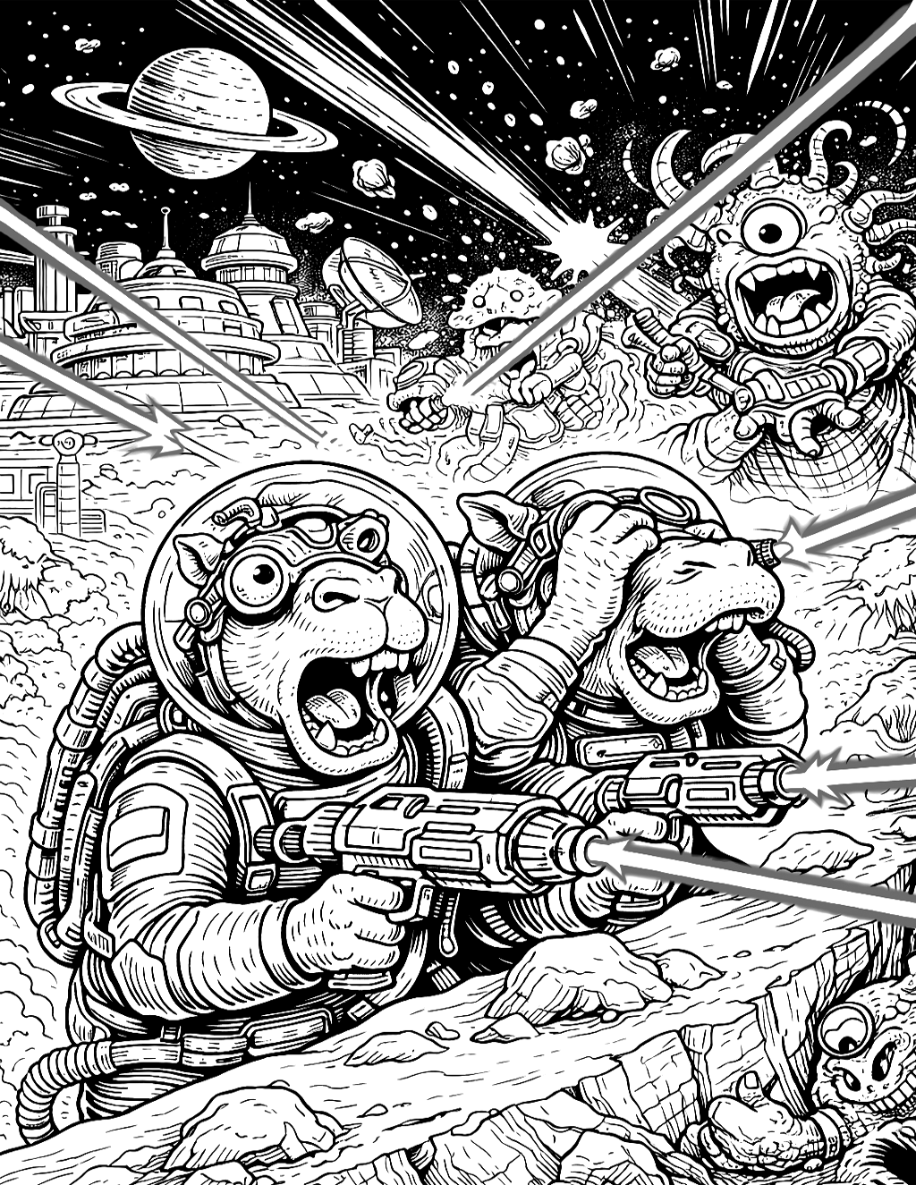 Coloring page of hippo astronauts firing laser rifles at a tentacled alien on an alien planet